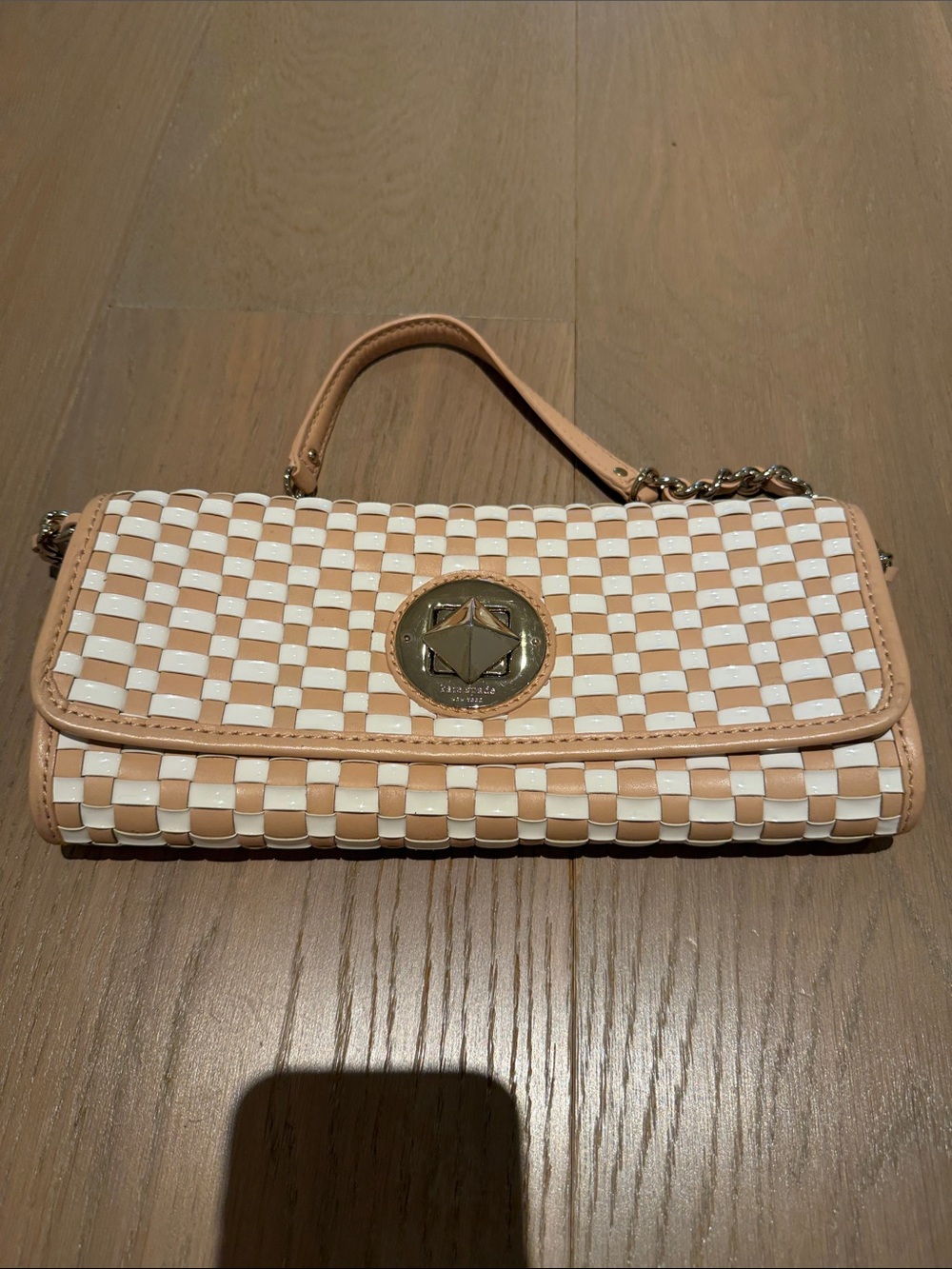 Kate spade tan White Woven Leather Shoulder Bag with Gold Accent